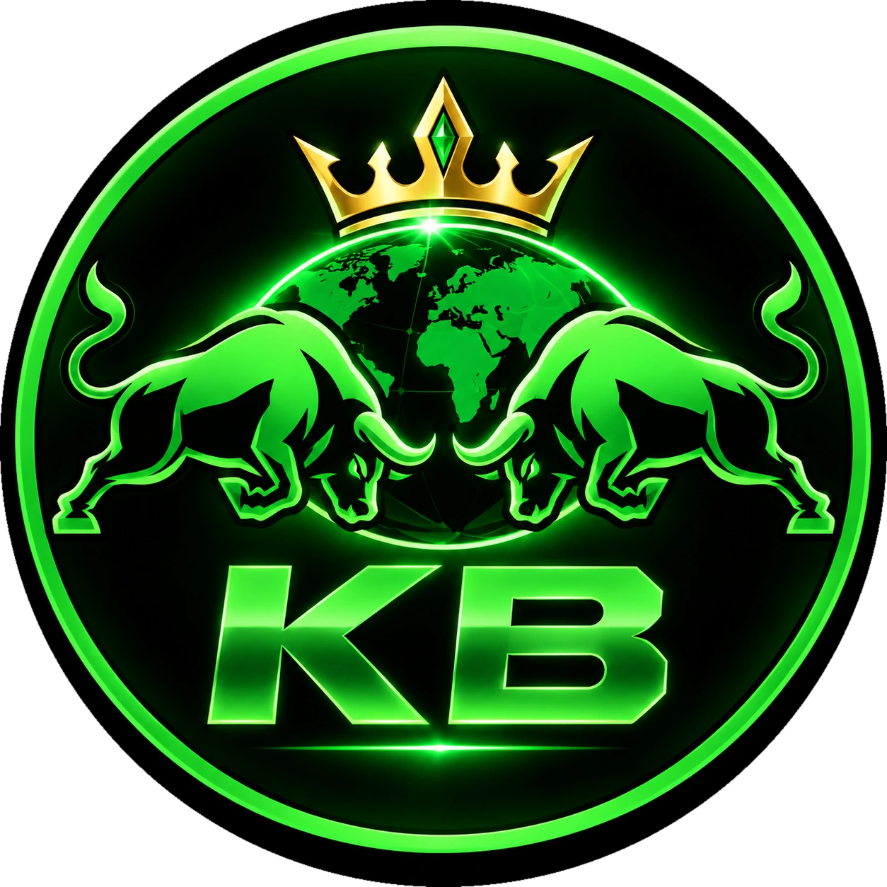 KINGBULLISH emblem: two neon-green bulls, a crowned globe and KB lettering inside a green ring