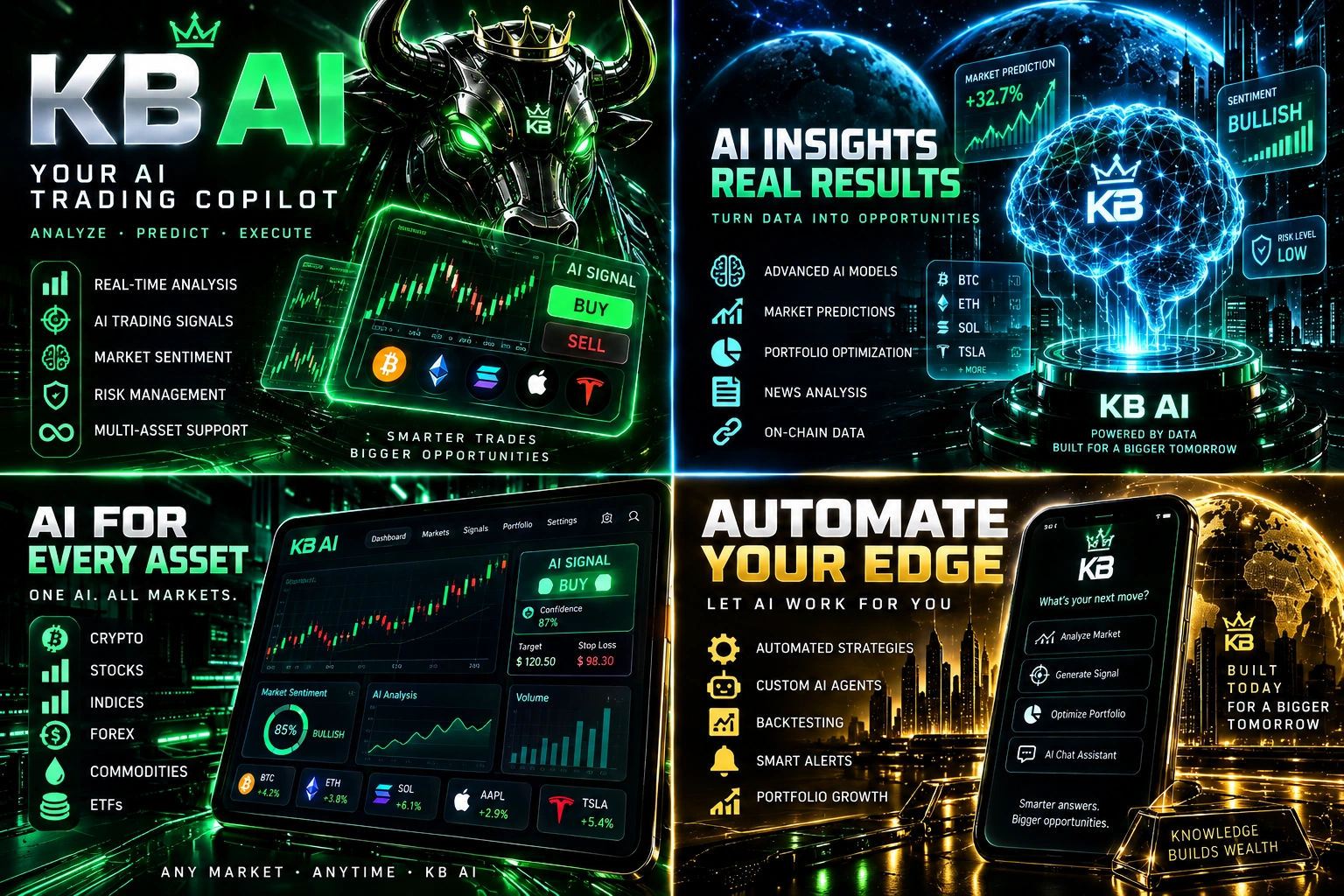 KB AI concept illustration: four panels showing a trading copilot, analytics, asset charts and automation; screens and figures are illustrative, not live data