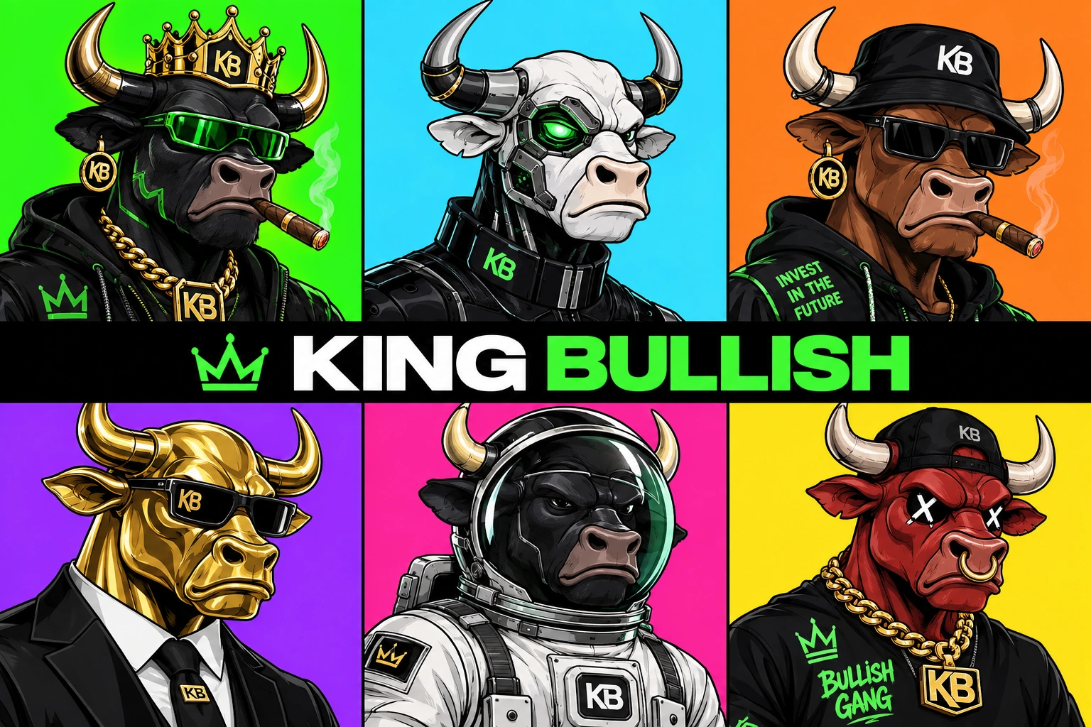 KINGBULLISH NFT collection: six distinctive bull characters around the KINGBULLISH banner
